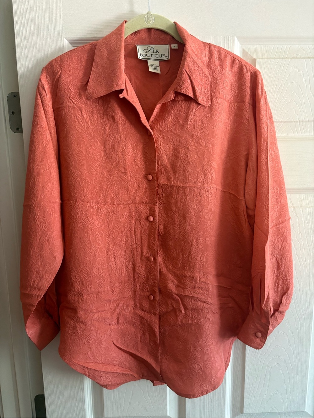 Silk Boutique 100% silk vintage VTG button up blouse top coral jacquard S